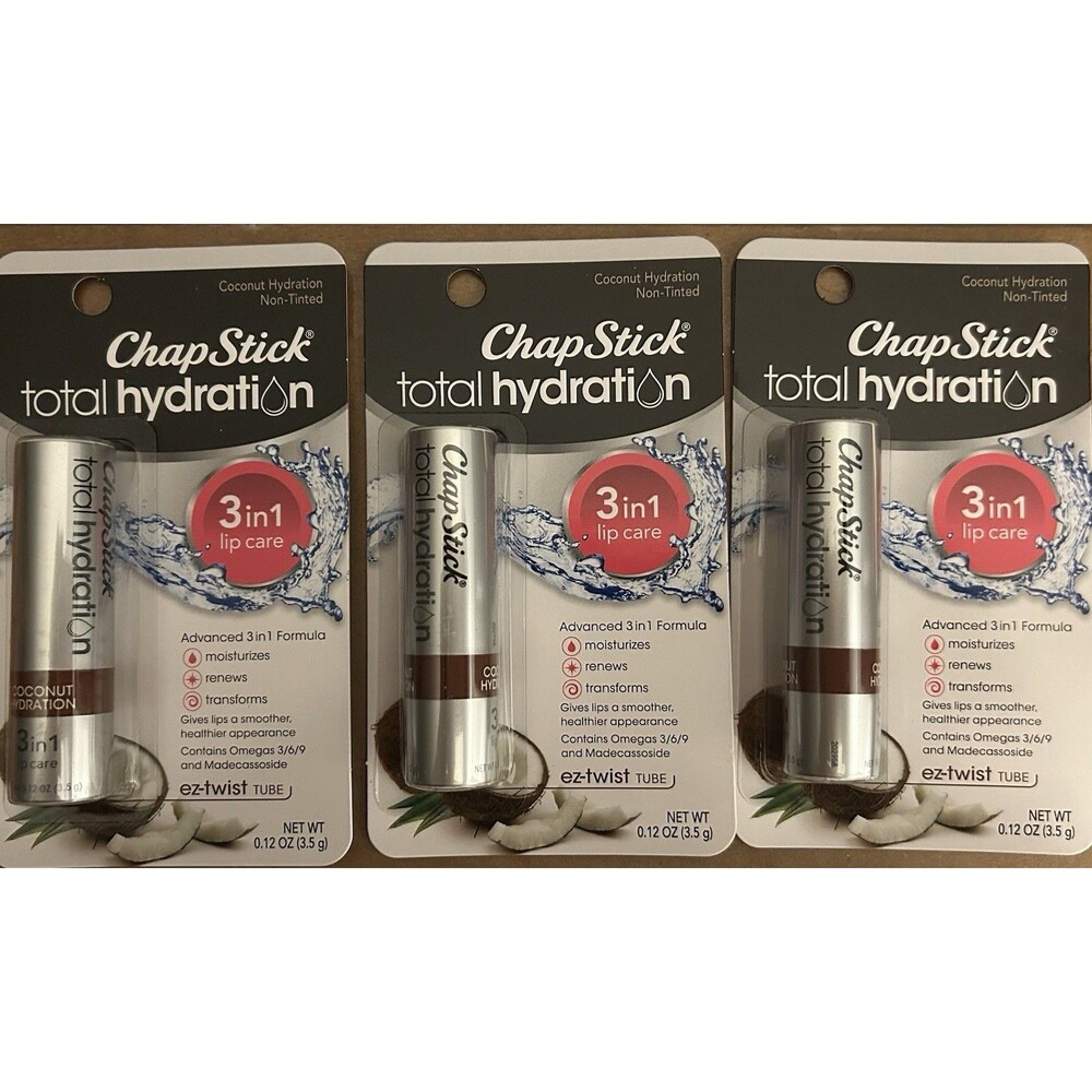 ChapStick Total Hydration Coconut 3 in 1 Lip Care Balm Tube Non Tinted - 3 Pack